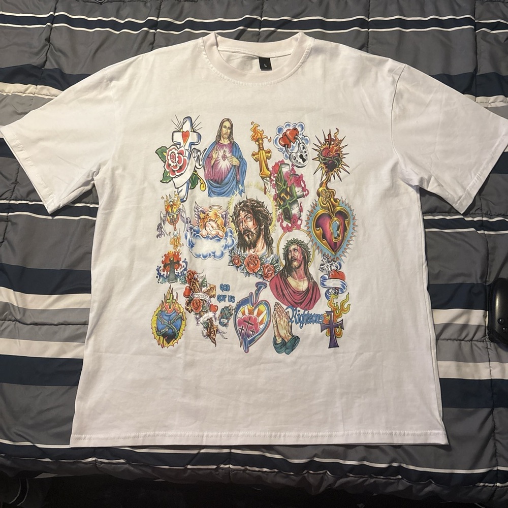 White Graphic Tee with Religious Motifs